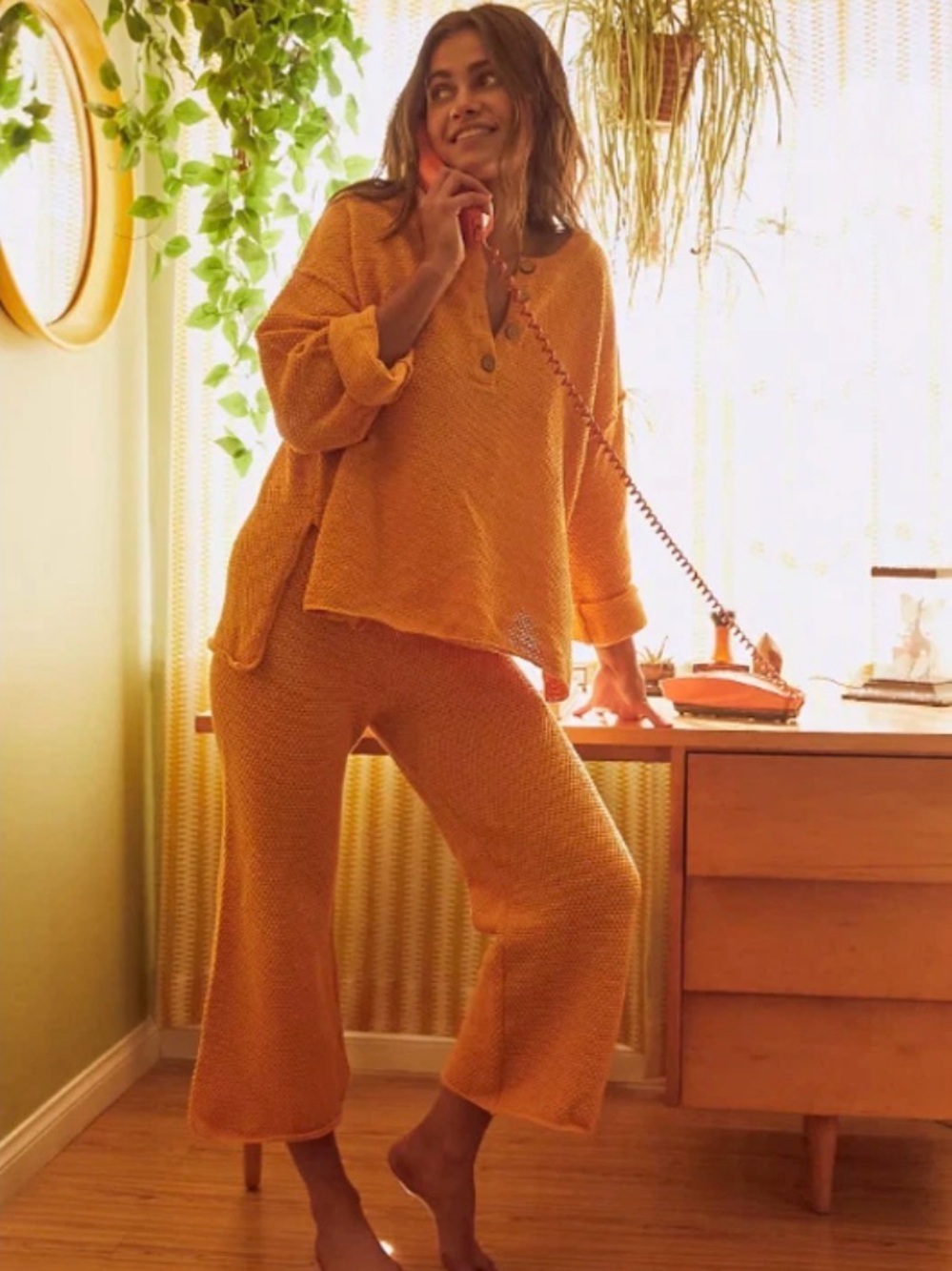 Free People Beach XS Hailee orange knit sweater pants set